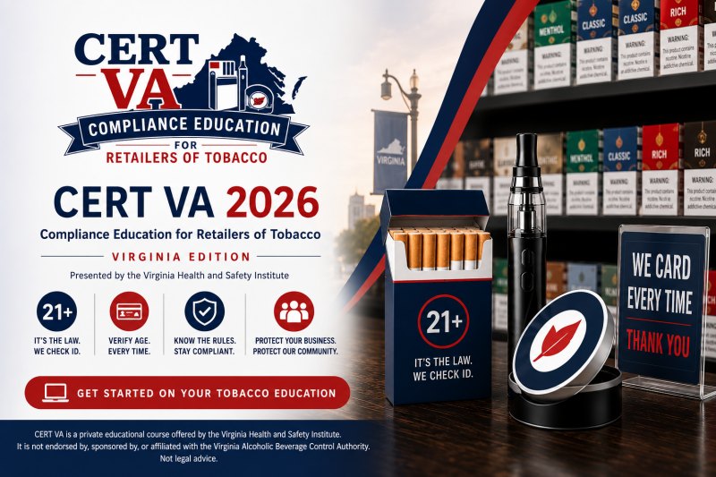 CERT VA 2026 Compliance Education for Retailers of Tobacco, Virginia Edition, presented by the Virginia Health and Safety Institute