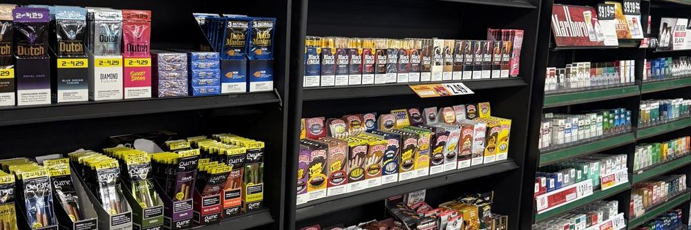 Shelves of cigarettes, vapes, and nicotine products, many of which require a Virginia permit
