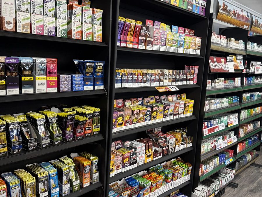 Cigarettes, nicotine products, and tobacco shelves at a Virginia retailer