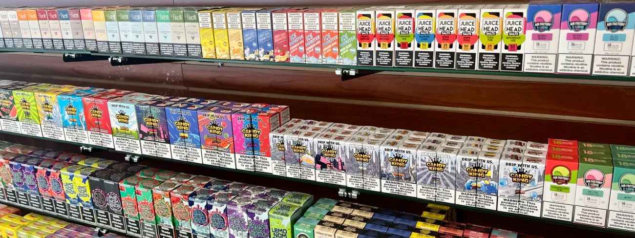 Interior of a e-liquid display wall of the kind found across Richmond